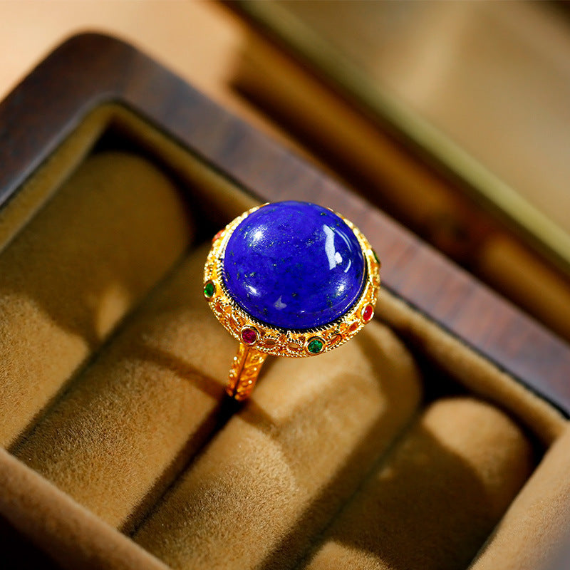 Bague parfaite en Lapis-lazuli naturel incrusté d'or plaqué argent S925