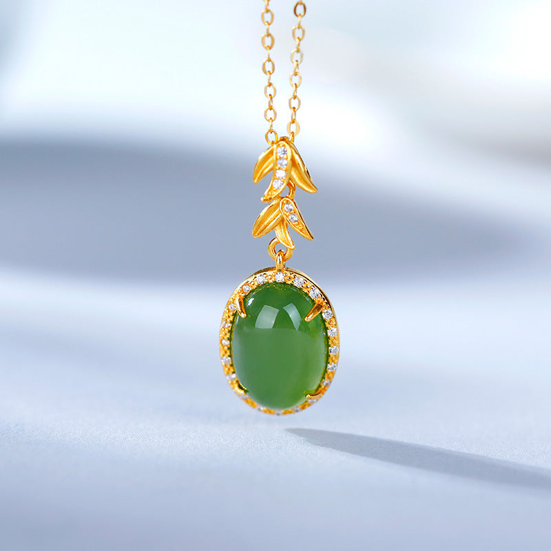 S925 Silver Plated Gold Inlaid and Tian Bi Jade Egg Faced Willow Leaf Simple and Versatile Pendant