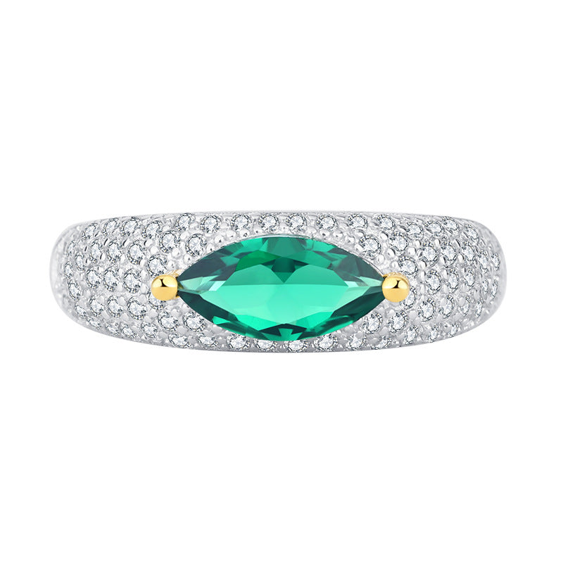 S925 all-over silver ring simulation colored gemstone high-quality texture marquise 5*10 diamond set ring women