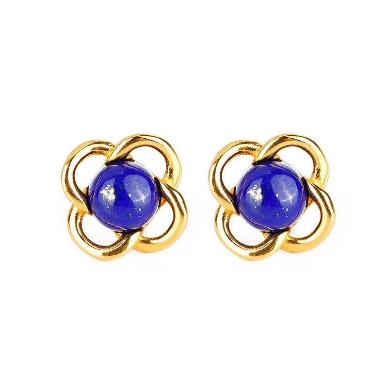 Boucles d'oreilles en argent plaqué or S925 incrusté d'œuf de lapis lazuli, face à quatre feuilles d'herbe ajourées, simples et mignonnes