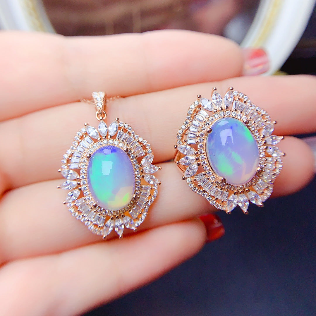 [DF]Natural Opal Jewelry Set - S925 Silver Setting, 10x14mm Gemstone, Hot Selling in Europe and America