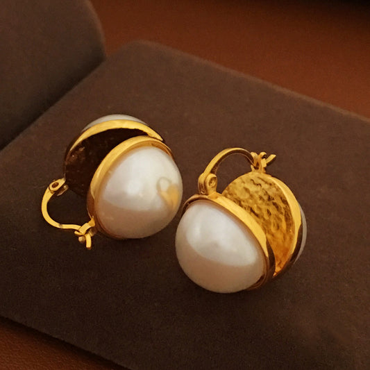 [DF]Copper Plated True Gold South Korea East Gate Double sided Half Piece Pearl Earrings Personalized Temperament Fashion Earrings Earrings