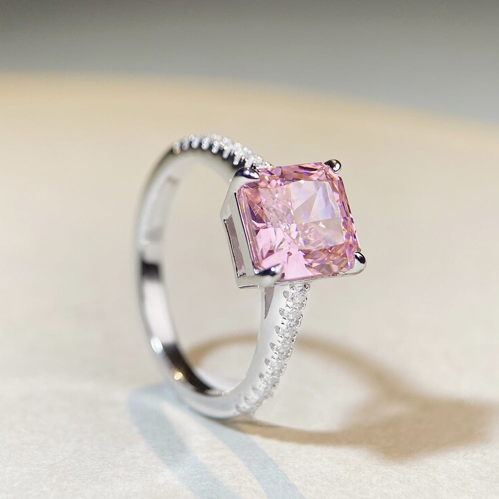 S925 Pure Silver Colorful Treasure Ring Sakura Pink Diamond Simple Four Claw High Carbon Diamond