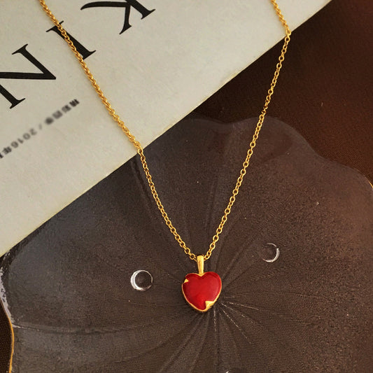 [DF] Collier d'amour rouge coréen plaqué or véritable jour, collier de tempérament girly simple, nouvelle chaîne de clavicule printemps et été