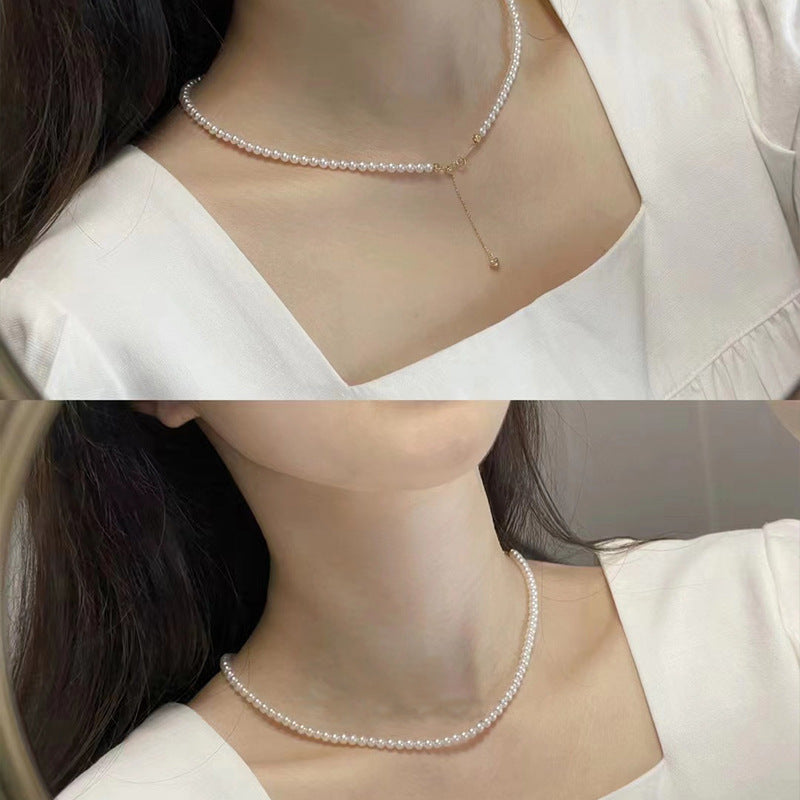 [DF]Elegant Luminescence: Round Freshwater Akoya Pearl Necklace - 18k Collarbone Sweater Chain