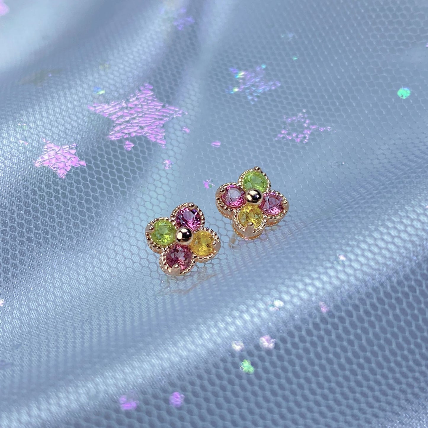 Clover tourmaline stud earrings women's versatile light luxury earrings 925 silver natural color jewelry