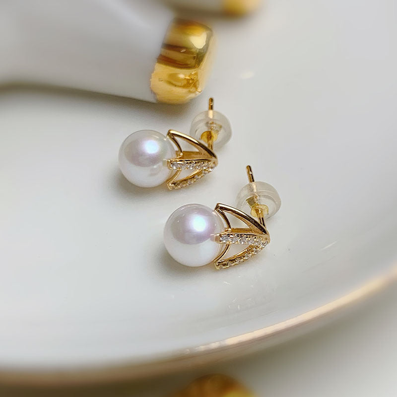 [DF]M Pyramid Pearl Earrings with 7-8mm Freshwater Pearls and Cubic Zirconia