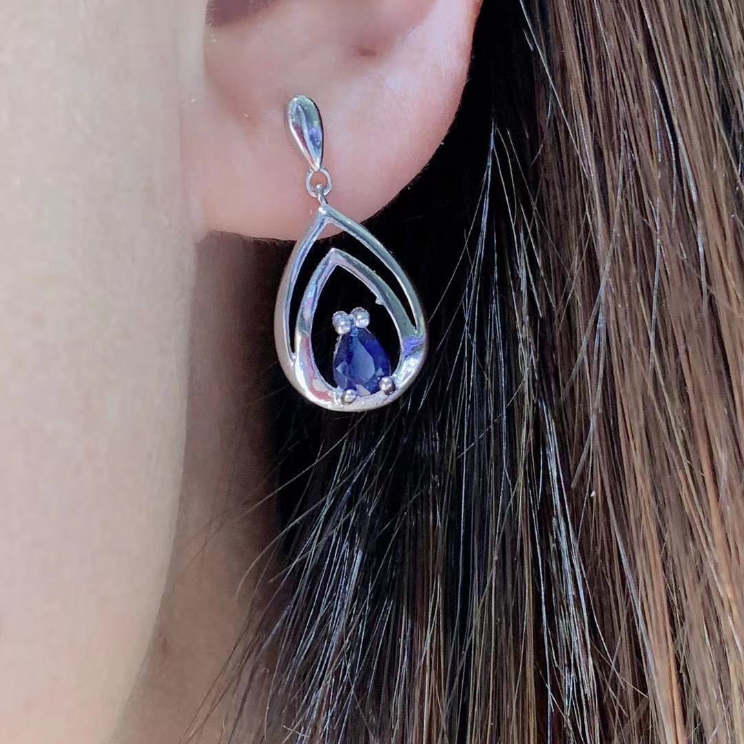 [DF]Natural Blue Sapphire Drop Earrings - S925 Silver Setting