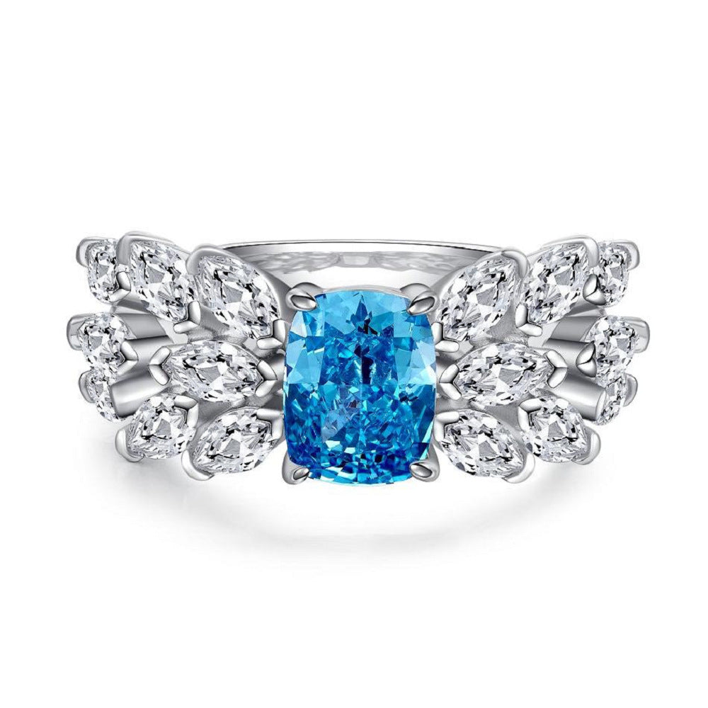 Bague coupe fleur de glace en argent S925, trésor bleu, Zircon, diamant à haute teneur en carbone, bague fleur de glace