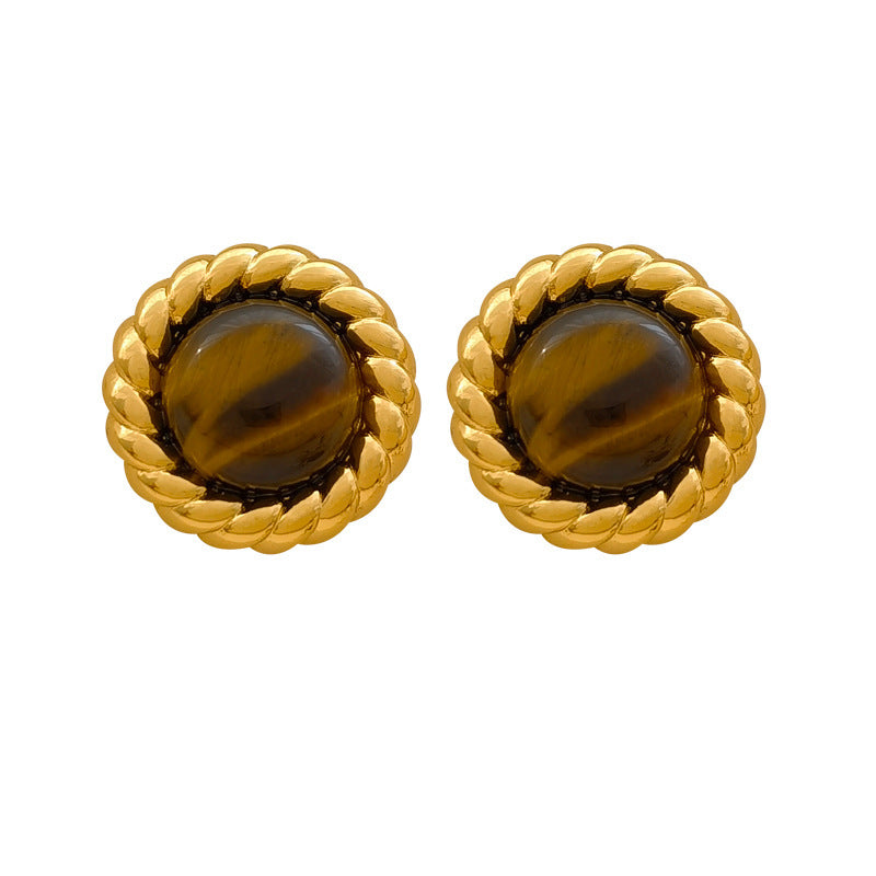 [DF]Copper plated gold S925 silver needle antique Tiger's eye stone earrings geometric round earrings Fried Dough Twists button earrings