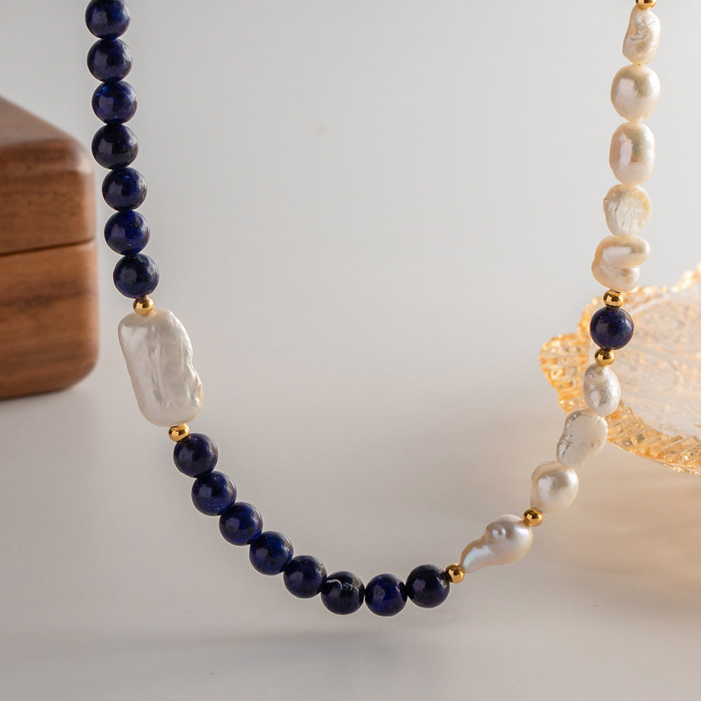 Vintage in Cuban Rock freshwater pearl lapis lazuli hand-beaded necklace Luxury sense autumn and winter necklace women