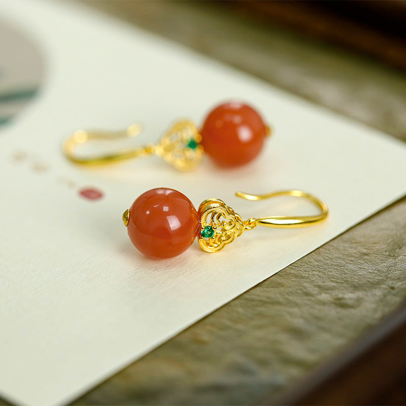 S925 sterling silver inlaid with South Red Agate and Hetian White Jade Earrings are simple