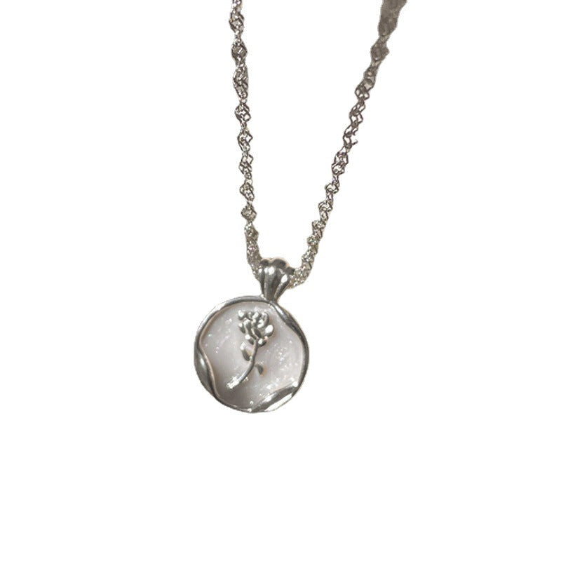 [DF]Collier médaillon floral rose française - Argent sterling S925, design élégant et unique, chaîne de clavicule, collier chic et sophistiqué