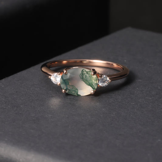 Delicate Gemstone 925 Sterling Silver Plated 18K Rose Gold Natural Aquatic Herb Agate Ring Female