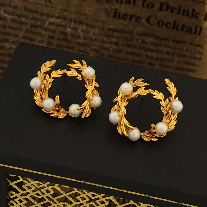 [DF]Original Design S925 Silver Needle South Korean Wheat Ear Pearl Ear Studs Female Ins Style Minority Earrings Elegant Earrings