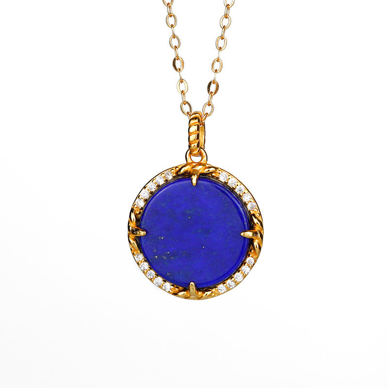 S925 Silver Plated Gold Inlaid Lapis Stone Round Plaque Perfection Necklace