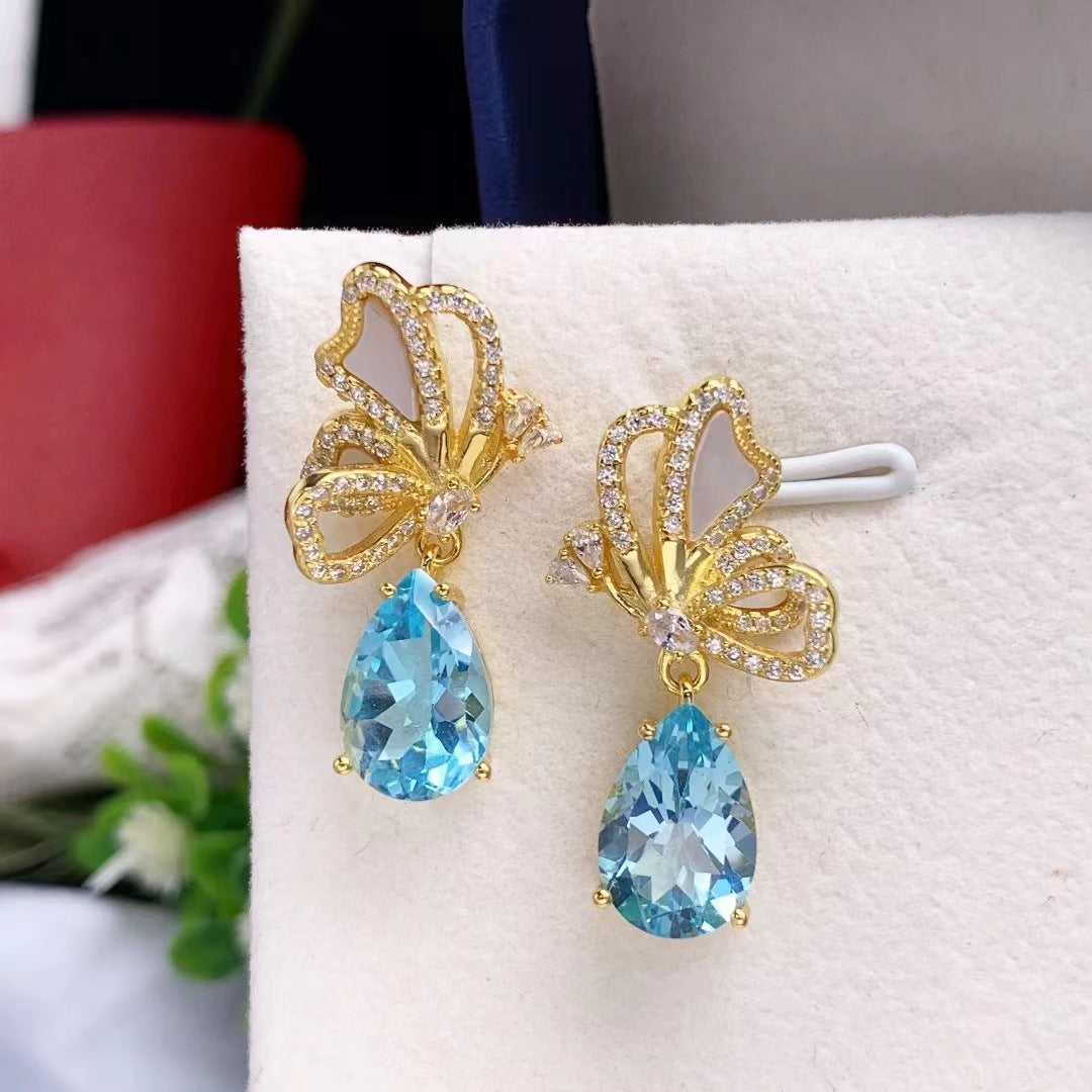 Topaz Water Drop Earrings S925 Silver Inlaid Topaz Butterfly Water Drop Fashion Earrings