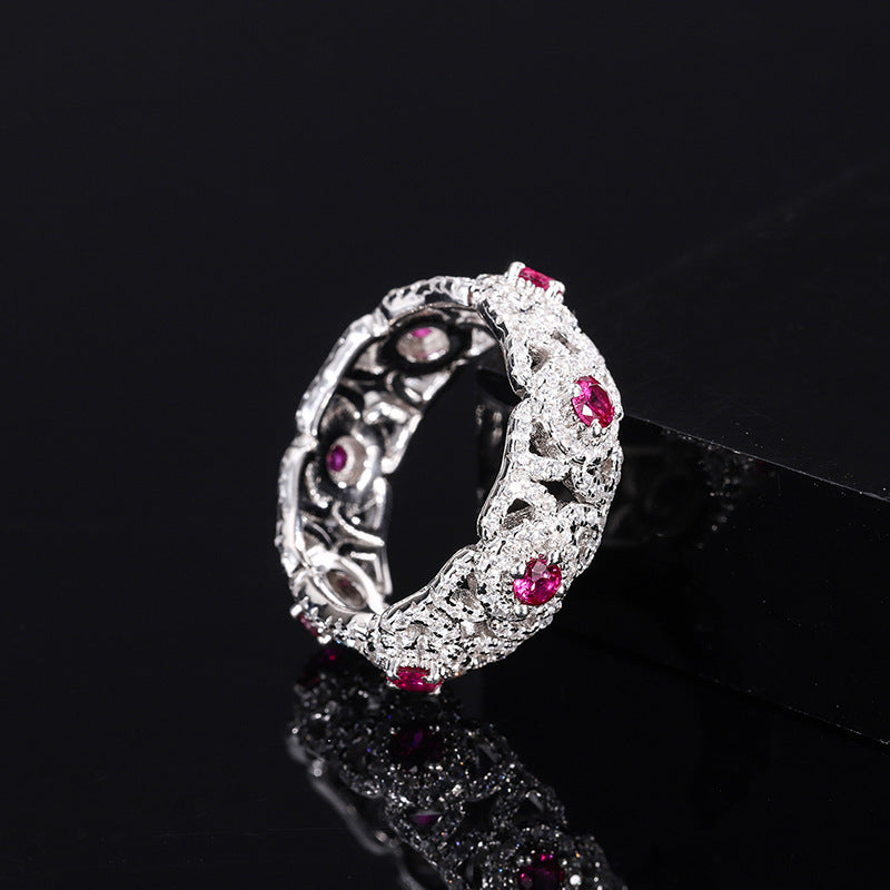 Bague de luxe en argent S925, réplique entièrement en rubis et diamants, avec anneau en rangée