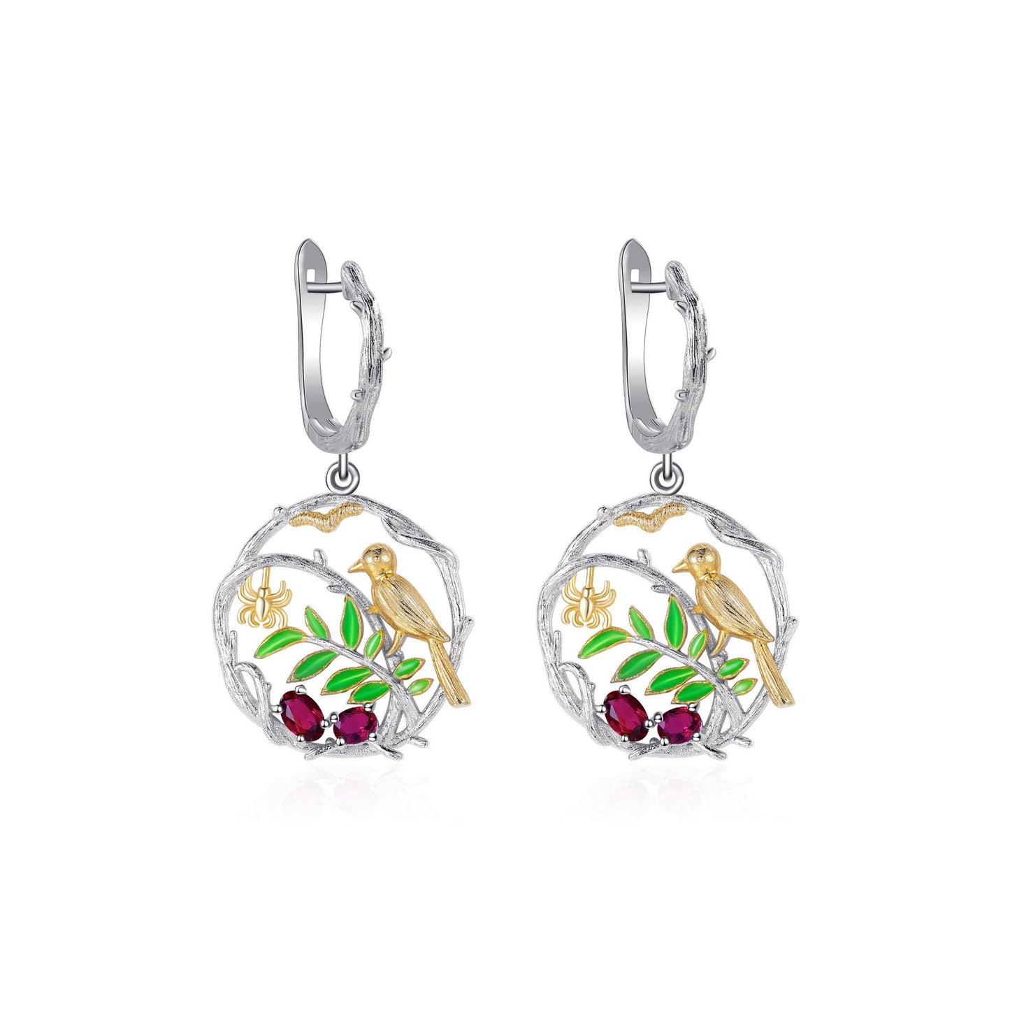 Bird earrings S925 sterling silver natural colored gems earrings