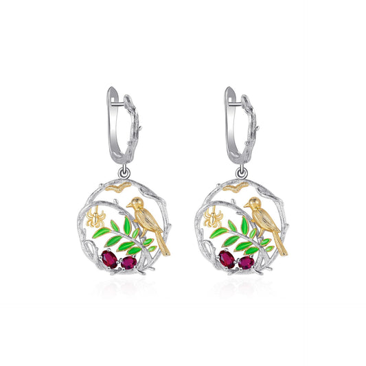 Boucles d'oreilles oiseaux en argent sterling S925, pierres précieuses de couleur naturelle