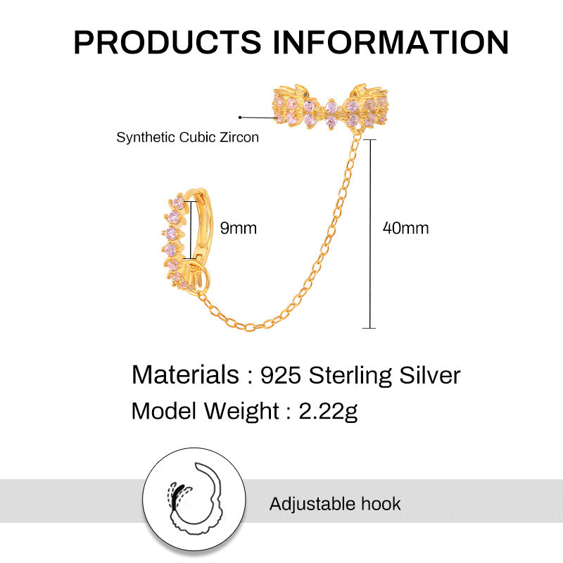 Pendientes de plata de ley S925 con banda de cristal INS y cadena de oro adjunta