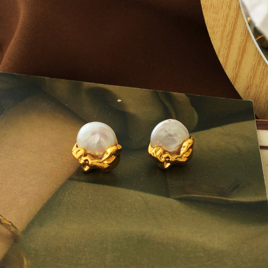 [DF]Pendientes de perlas cultivadas retro de oro bañados en cobre, pendientes geométricos irregulares simples, pendientes de temperamento de moda.