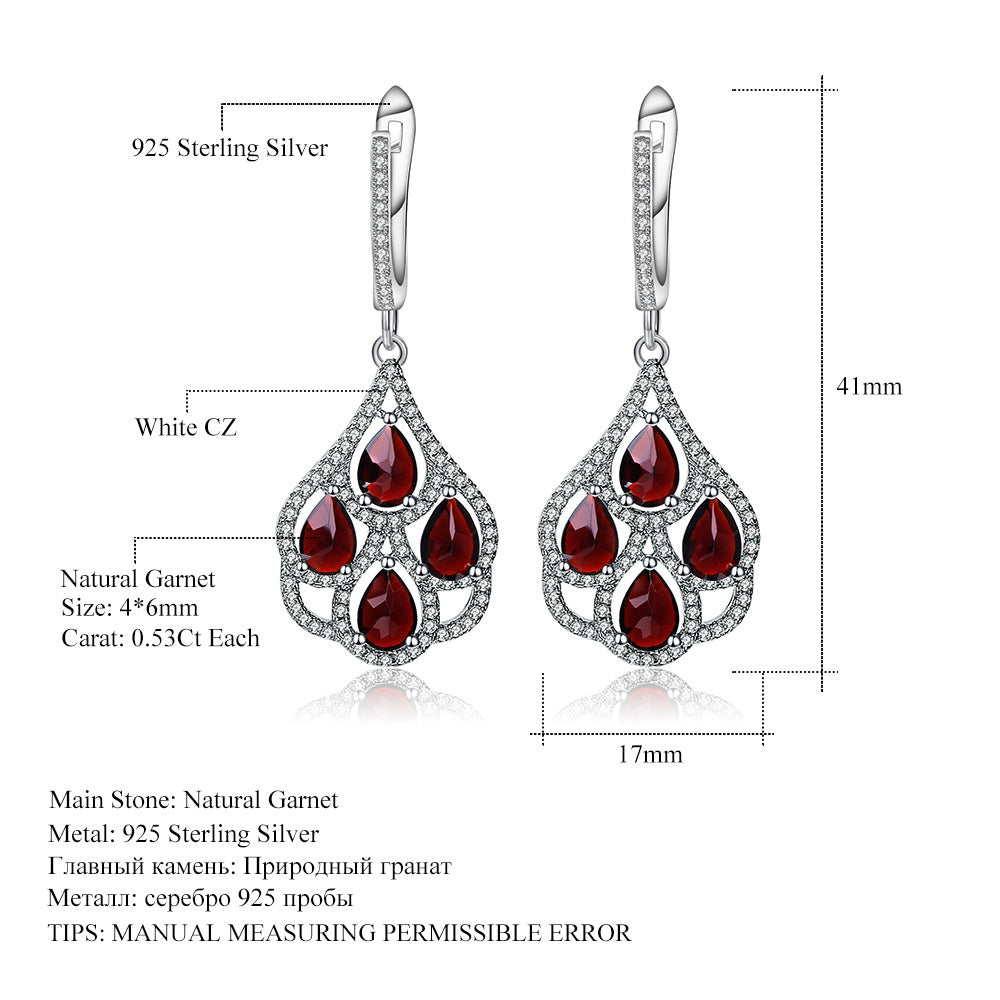 Natural garnet earrings and earrings, fashionable and sophisticated, s925 silver inlaid gemstone natural color treasure earrings