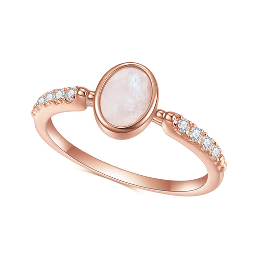 S925 sterling silver inlaid gemstone natural moonlight stone ring, fashionable and personalized temperament, light luxury rose gold ring