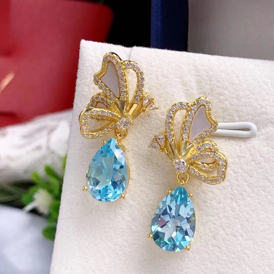 Pendientes de gota de agua con topacio Pendientes de moda con forma de mariposa y topacio con incrustaciones en plata S925