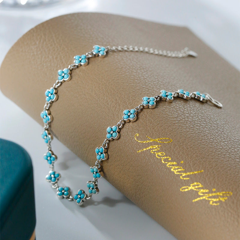 S925 Silver Set Turquoise Clover Bracelet Fashionable and Versatile Exquisite Bracelet