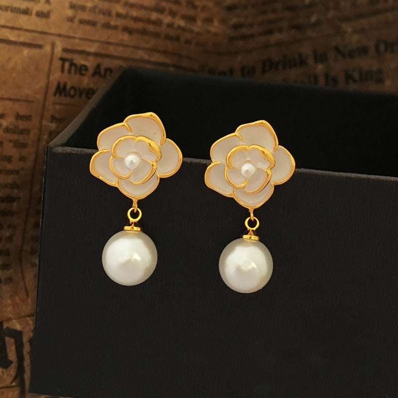 [DF]Copper plated real gold S925 silver needle small fragrance white flower pearl stud earrings women's ins style premium sense earrings