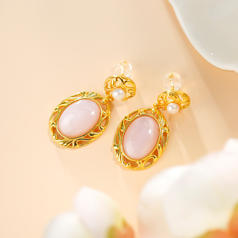 S925 Silver Set Pink Bell Earrings Vintage Earrings Pink Egg Face Earrings