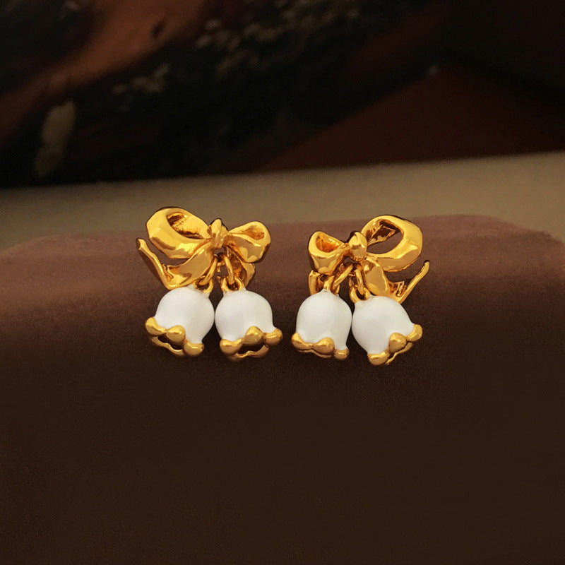 [DF]Original S925 silver needle Korean temperament bow bell stud earrings ins wind small fresh summer earrings