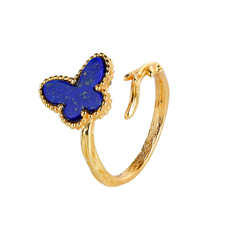 Anillo de lapislázuli con incrustaciones de oro y baño de plata S925 Anillo de apertura con forma de mariposa