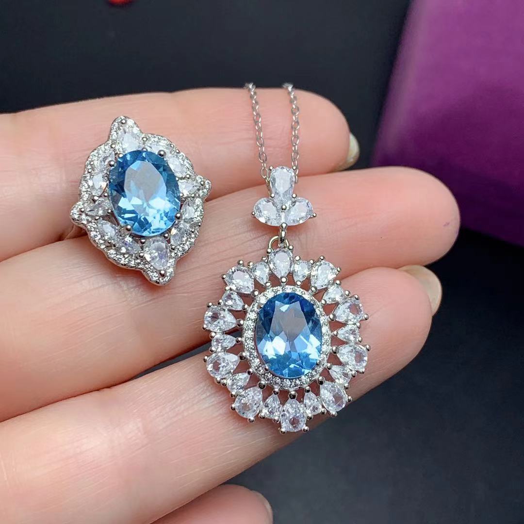 925 silver plated natural blue Topaz European ring pendant set for women