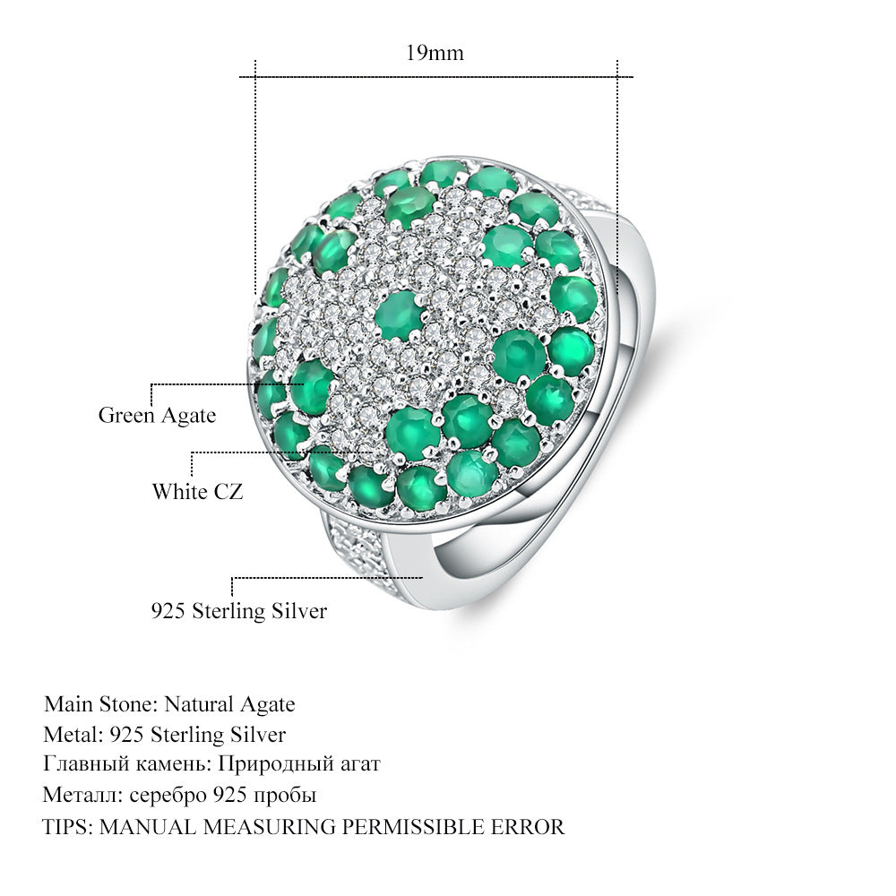 Bague en agate verte avec pierres précieuses colorées rétro en argent s925 incrusté de cristal de roche