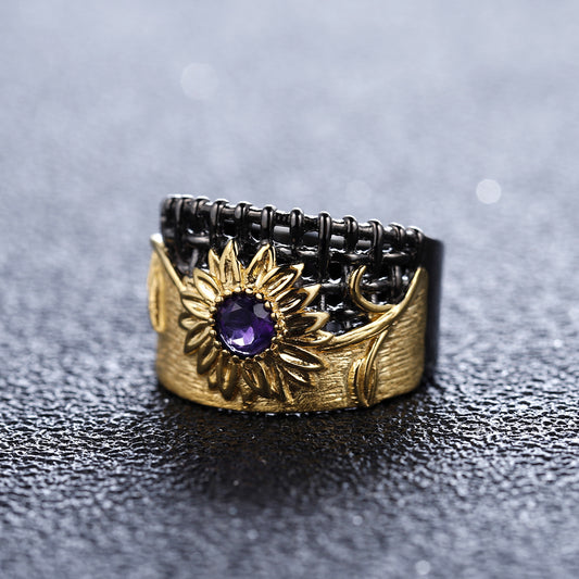 Anillo de diseño artesanal italiano en estilo antiguo con diseño de flores de la otra orilla, anillo de amatista natural en plata 925