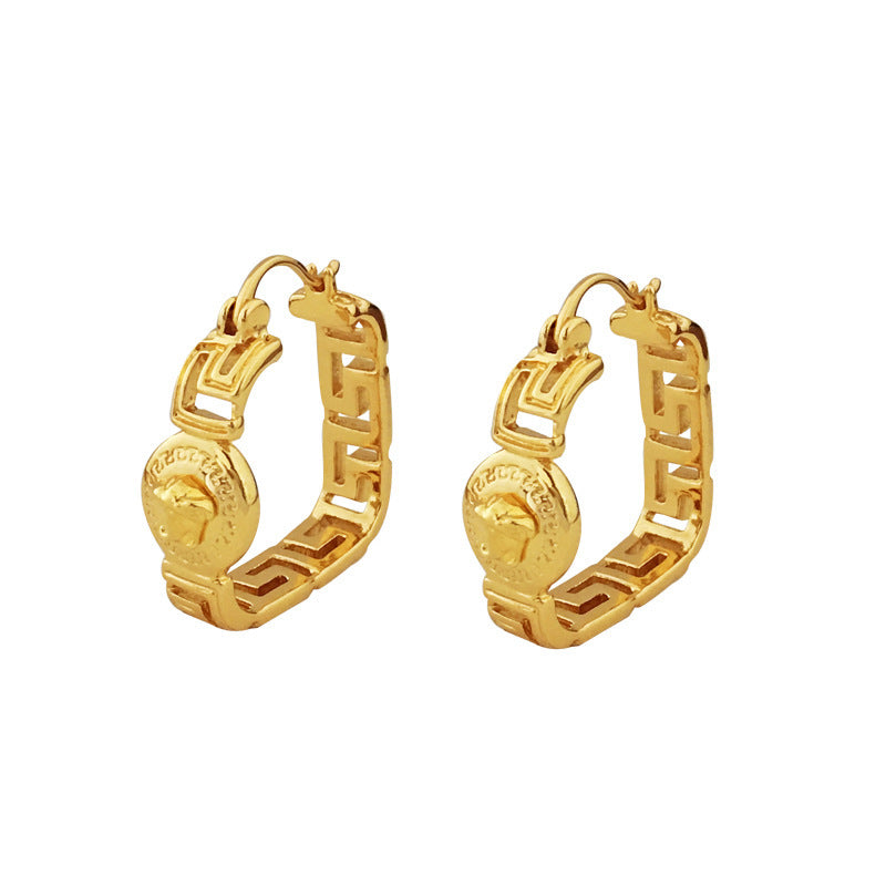 【DF】Copper plated real gold, European and American fashion temperament, openwork design earrings, personality antique style, niche high-end earrings