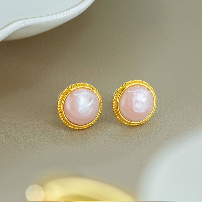 S925 Silver Inlaid Natural Pink Beige Earrings Round New Fresh and Exquisite Earrings