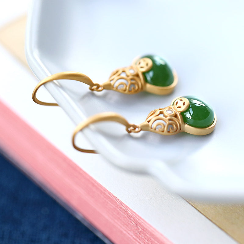 S925 Silver Plated Gold Inlaid Jade Earrings, Versatile and Versatile Female Earrings