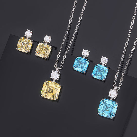 S925 Silver High Carbon Diamond Asche Blue Treasure Princess Square Pendant Set 10 * 10-8 * 8