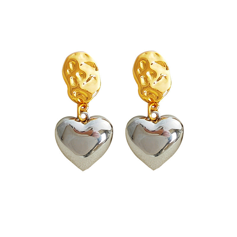 [DF] Pendientes de plata S925 con forma de corazón con personalidad en contraste y aguja, pendientes de moda de estilo frío y moderno, pendientes sencillos