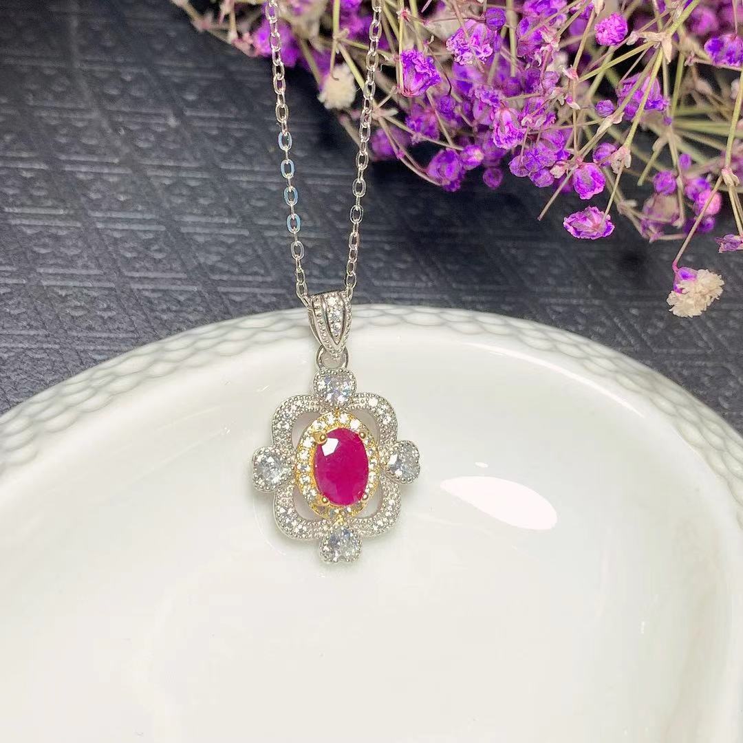 [DF]Natural Burmese Ruby Set with Oval Gemstone Ring and Pendant - Vintage Charm