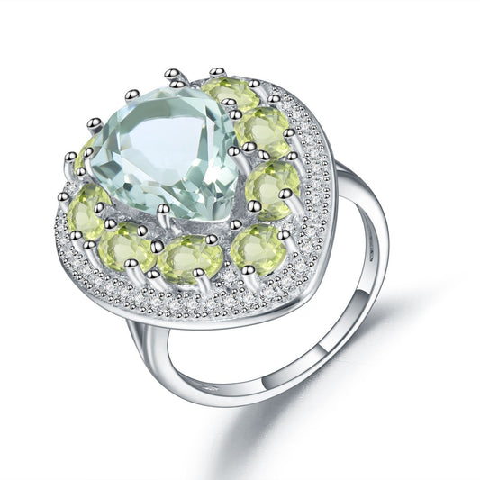 S925 Silver Natural Olivine Green Amethyst Ring Set with Natural Treasure Ring