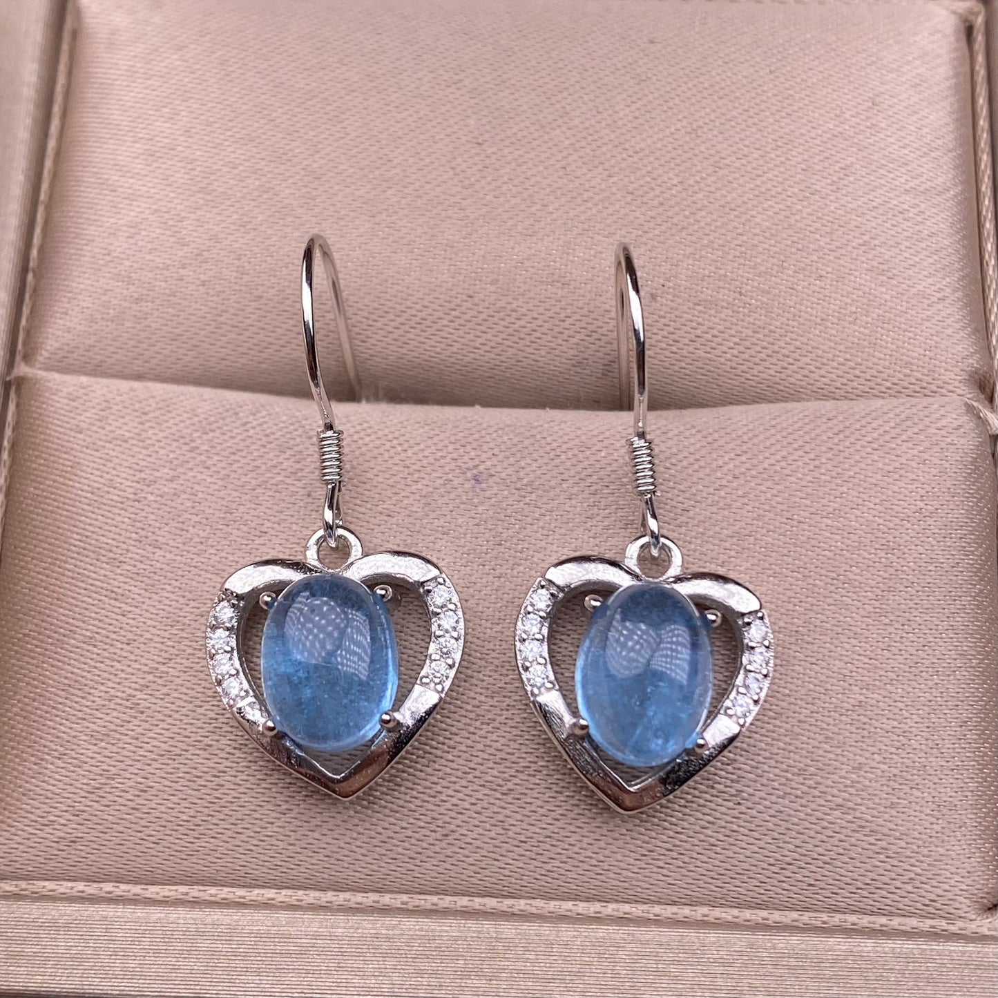 Pendientes de aguamarina con incrustaciones de plata s925 en forma de corazón con gancho para la oreja