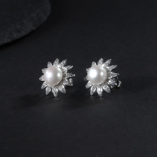 Natural Freshwater Pearl Stud Earrings Women's Sunflower Design Premium S925 Sterling Silver Stud Earrings