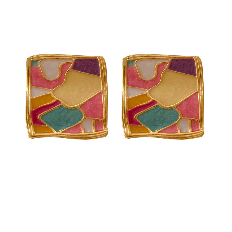 [DF] Boucles d'oreilles originales en argent S925 avec aiguille en argent de style français, style peinture à l'huile, design patchwork avec sensation personnalisée et haut de gamme, boucles d'oreilles de niche