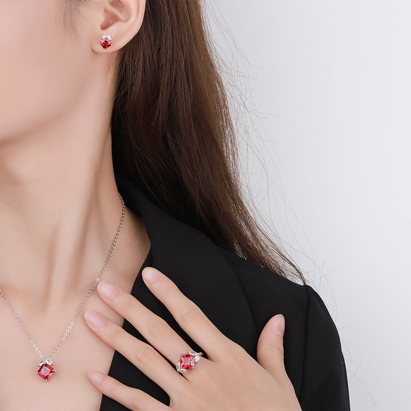 S925 Silver Jewelry Simulation Red Blue Treasure Square Simple Daily Style Set for Women 9 * 9-6 * 6