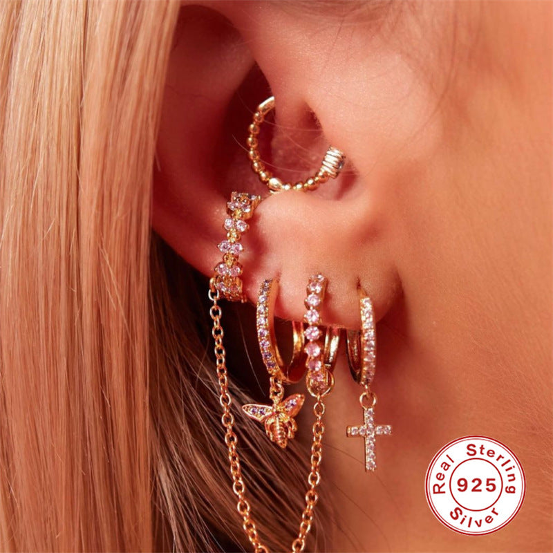 Bande de cristal INS en argent sterling S925 avec boucles d'oreilles attachées à une chaîne en or