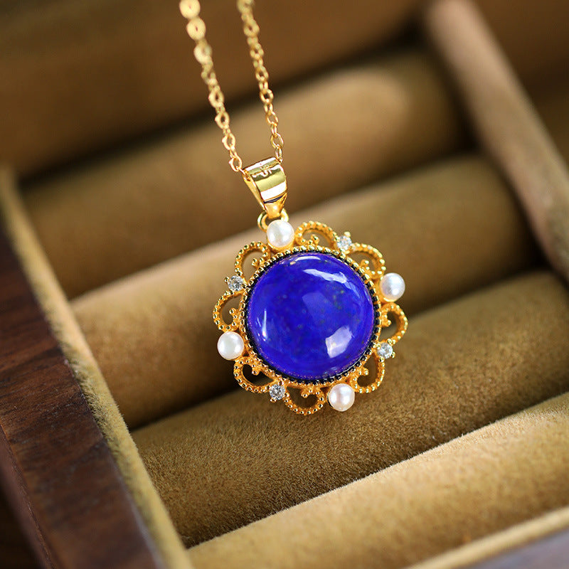 925 silver-plated inlaid lapis lazuli egg noodles with pearl hollowed-out sunflower necklace